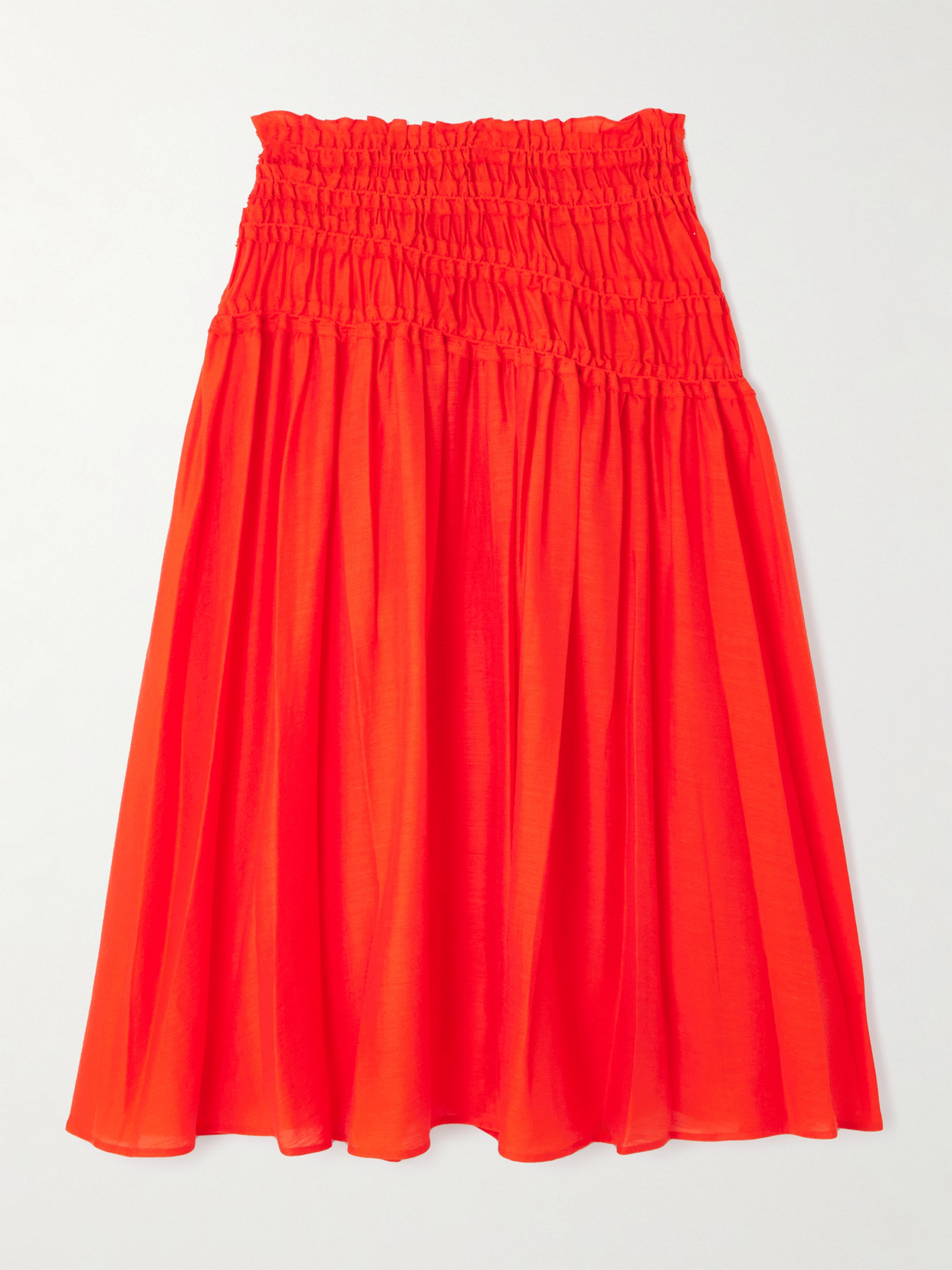 Tory Burch Ruffled Shirred Lyocell-blend Midi Skirt In Red