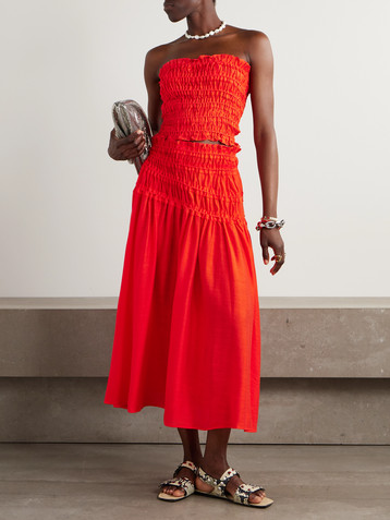 Tory Burch Ruffled shirred Lyocell-blend midi skirt