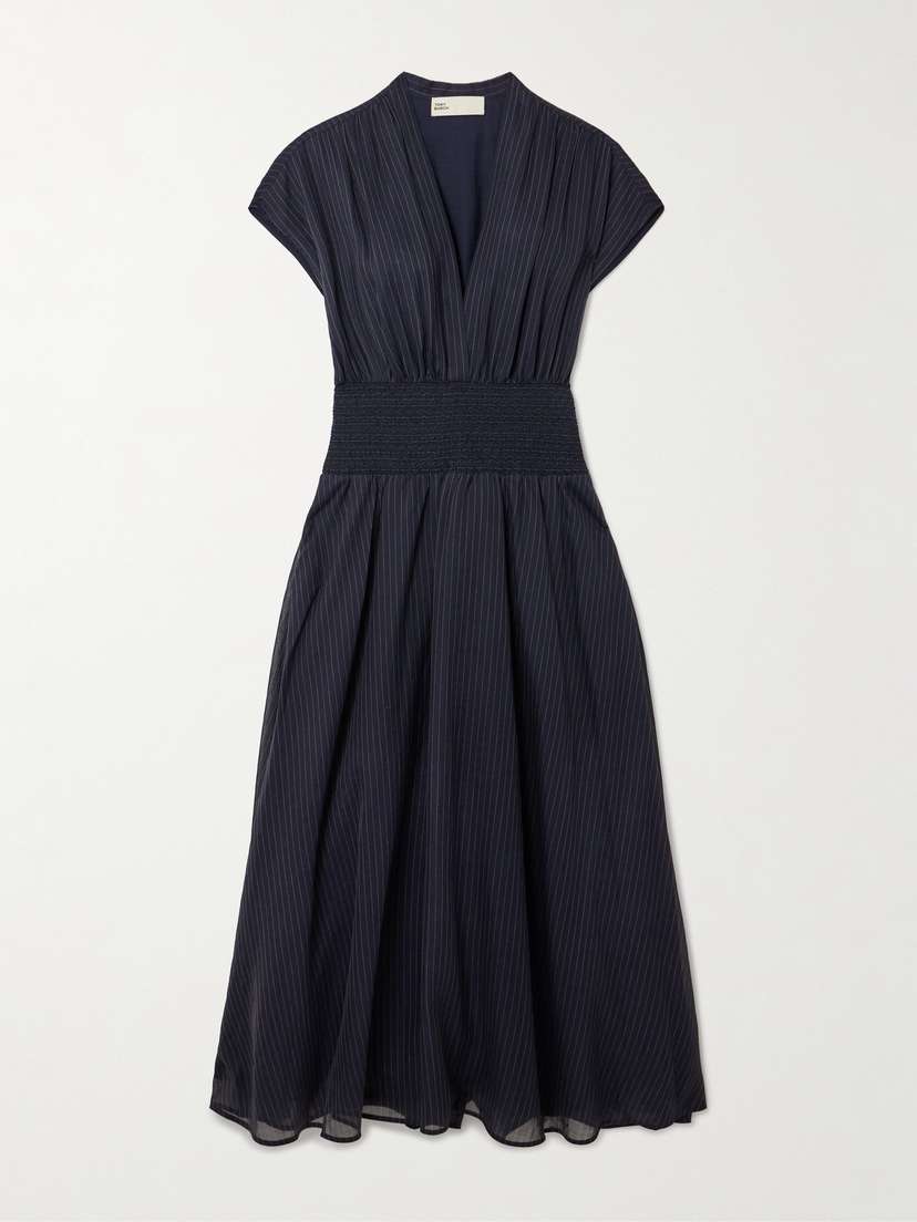 Tory Burch Gathered Shirred Pleated Striped Cotton Midi Dress