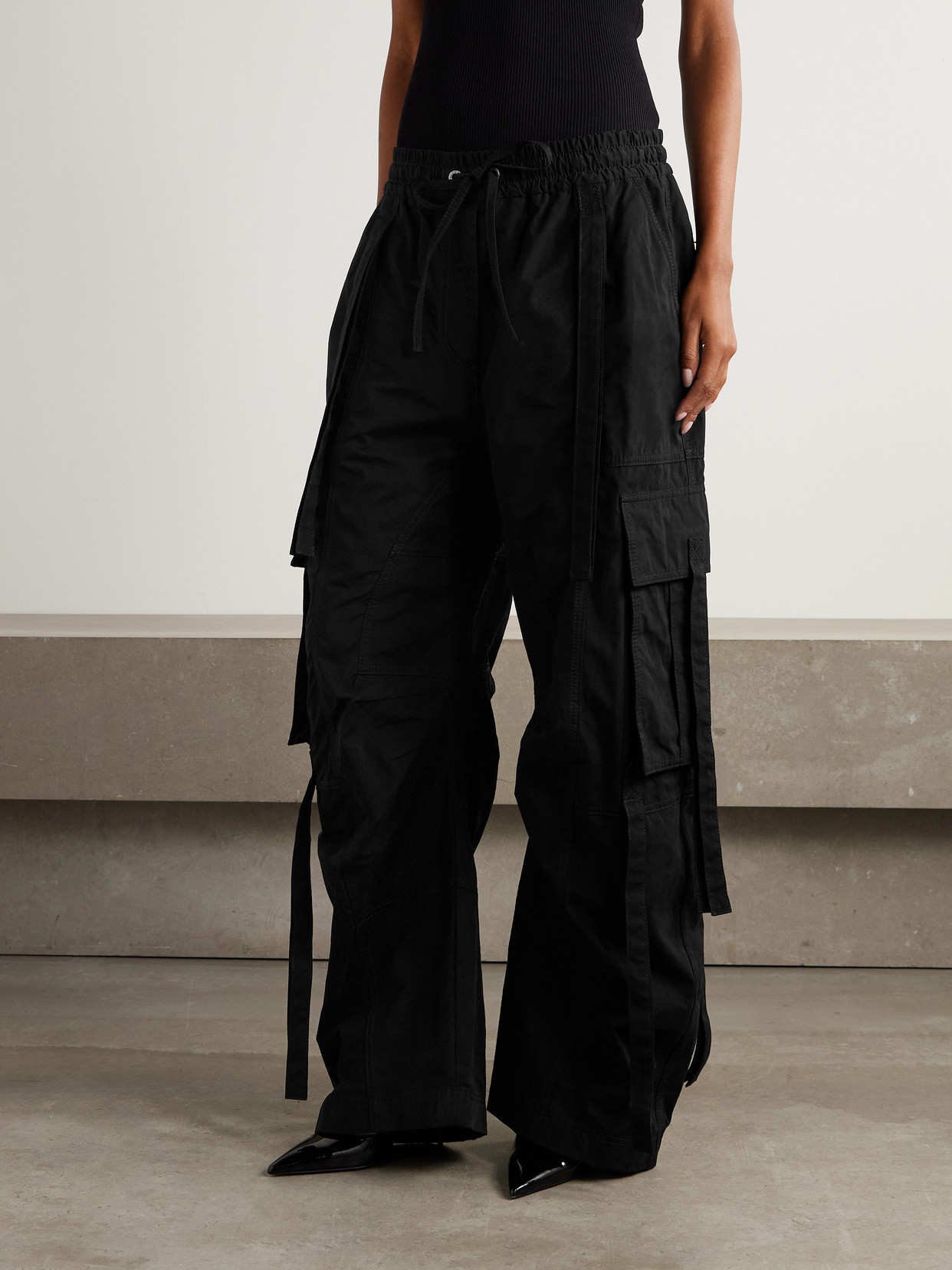 Dolce & Gabbana Tie-detailed Waxed-faille Cargo Pants In Black