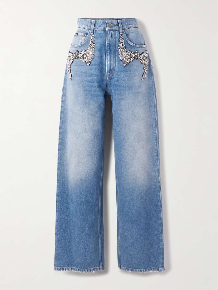 Dolce & Gabbana Crystal-embellished Distressed Straight-leg Jeans