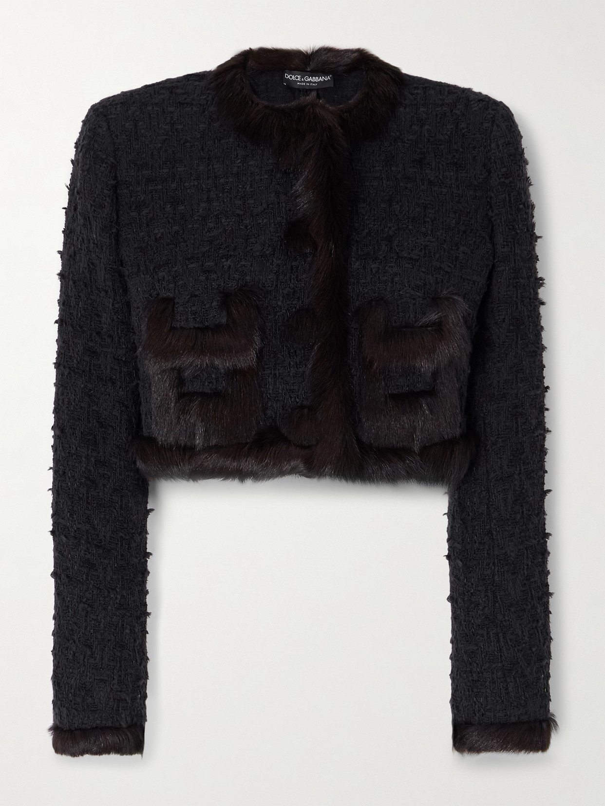 Dolce & Gabbana - Cropped Shearling-trimmed Cotton-blend Tweed Jacket - Black