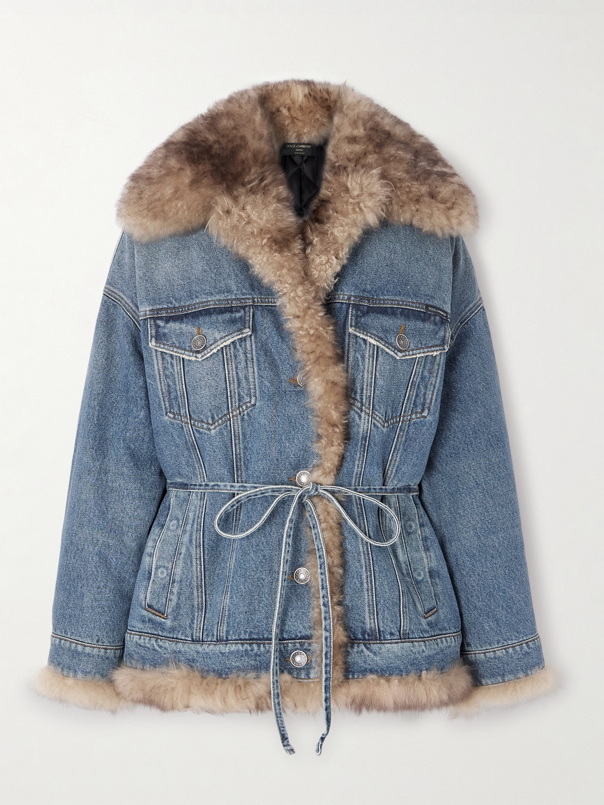 Dolce & Gabbana Belted Shearling-trimmed Denim Jacket In Blue