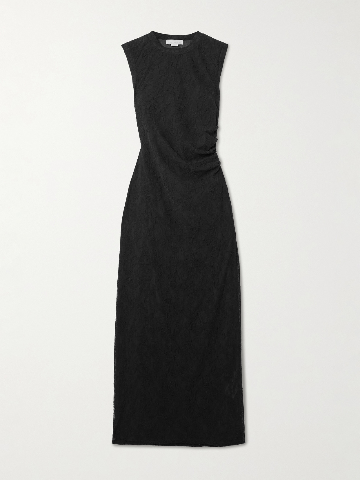 Stella Mccartney Ruched Stretch Recycled-lace Maxi Dress In Black