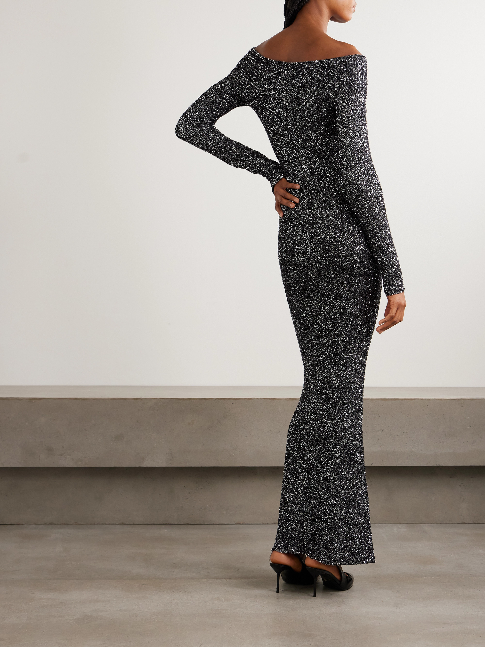 Stella McCartney Off-the-shoulder sequined recycled knitted gown