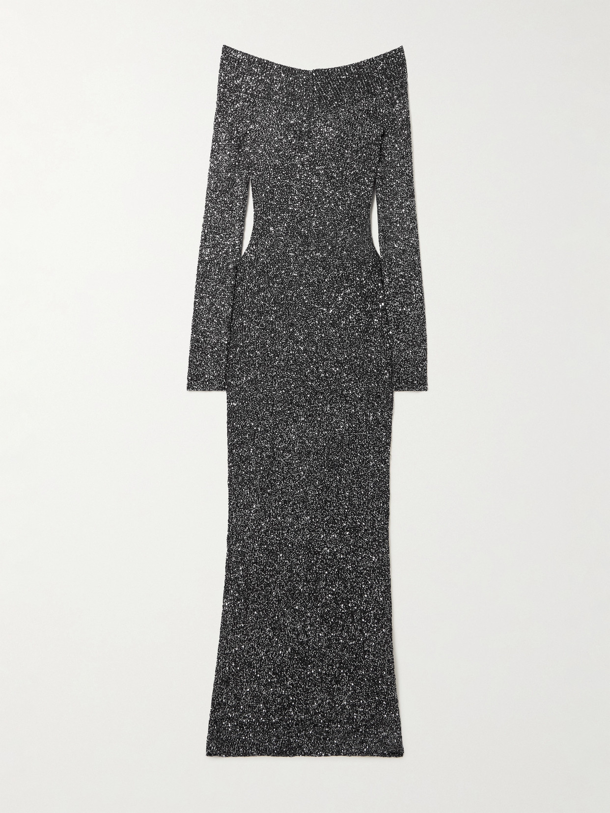 Stella Mccartney Off-the-shoulder Sequined Recycled Knitted Gown In Gray