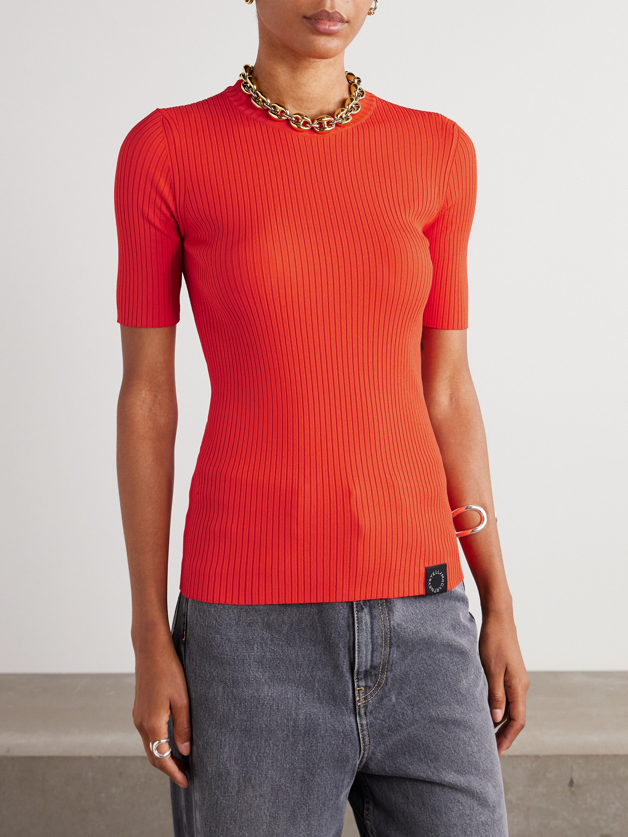Stella Mccartney Short-sleeved Ribbed Top In Orange