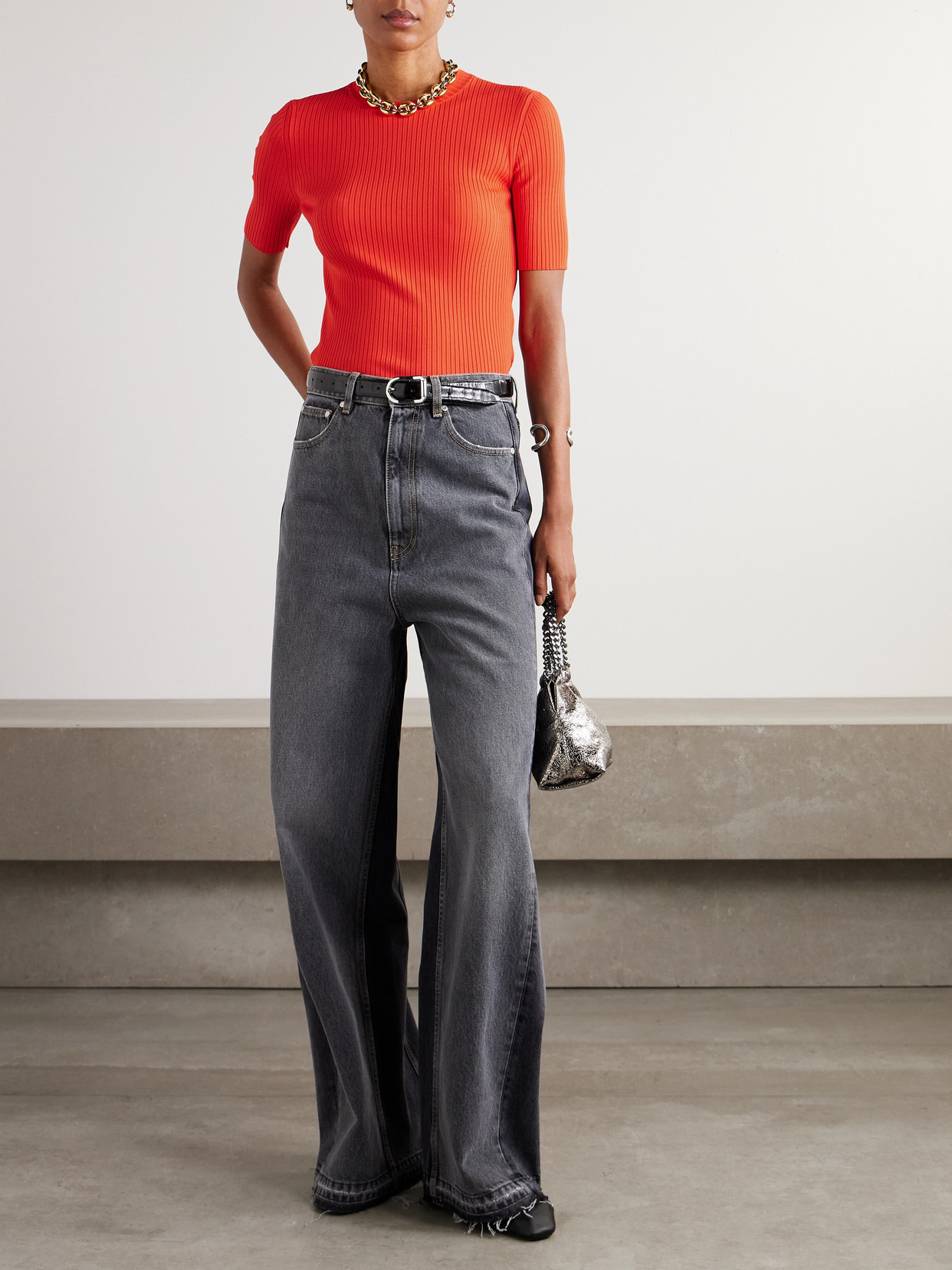 Stella Mccartney Short-sleeved Ribbed Top In Orange