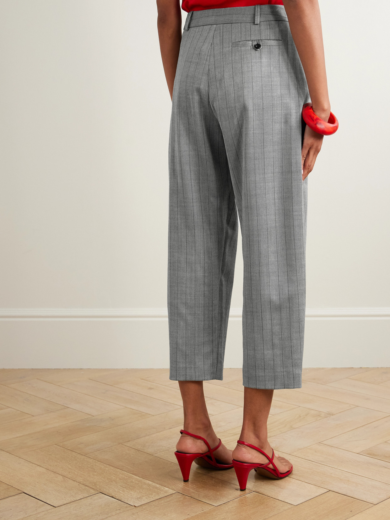 Stella Mccartney Cropped Pleated Pinstriped Wool-blend Twill Tapered Pants In Gray