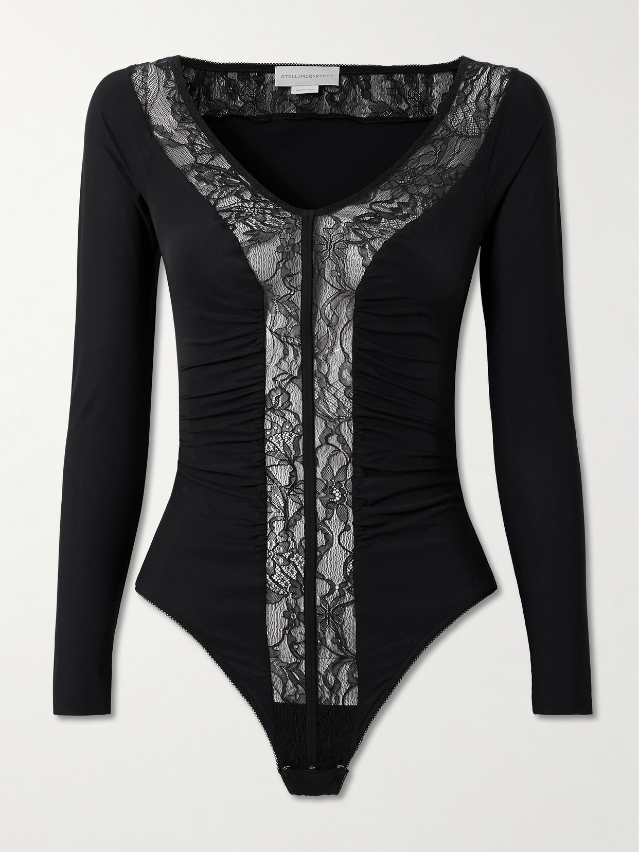 Stella Mccartney Lace-trimmed Ruched Stretch Recycled-jersey Bodysuit In Black