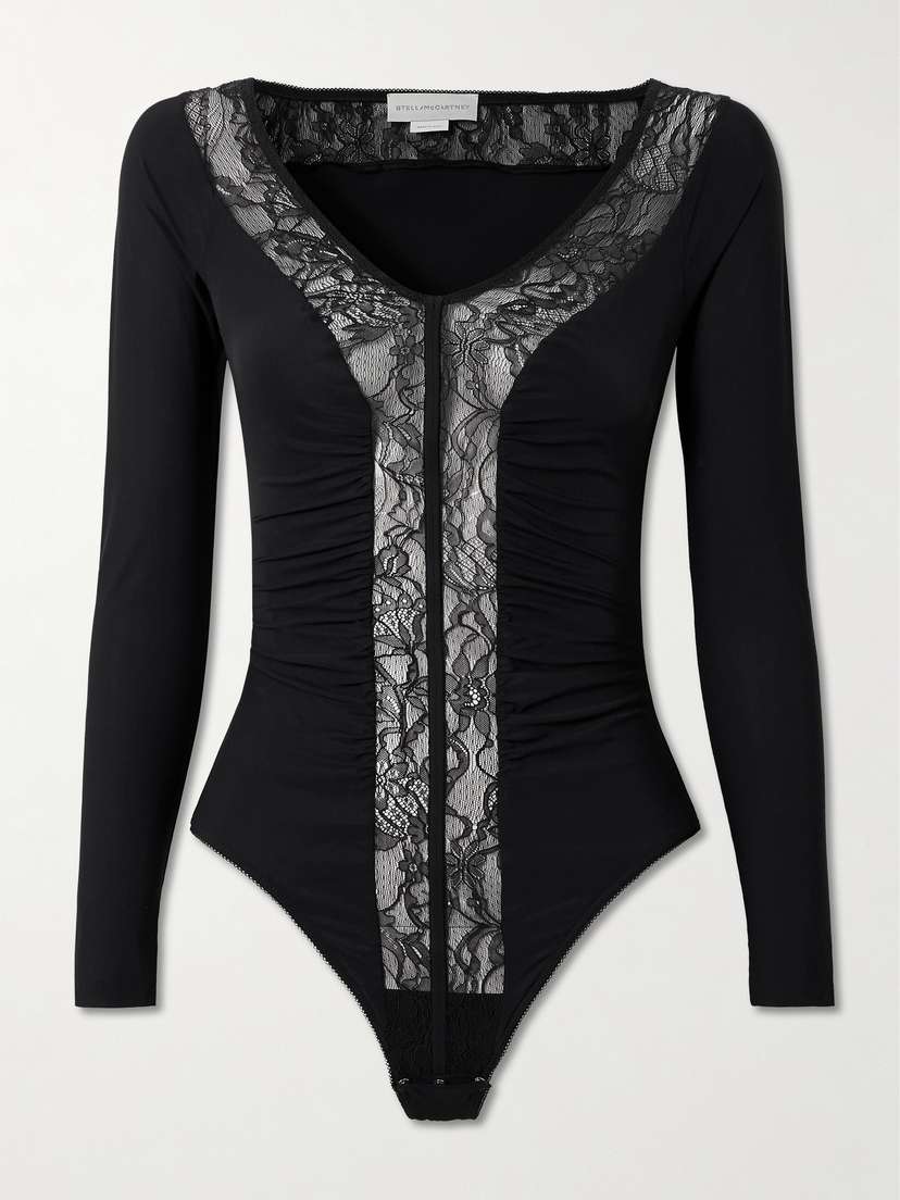Stella McCartney Lace-trimmed Ruched Stretch Recycled-jersey Bodysuit