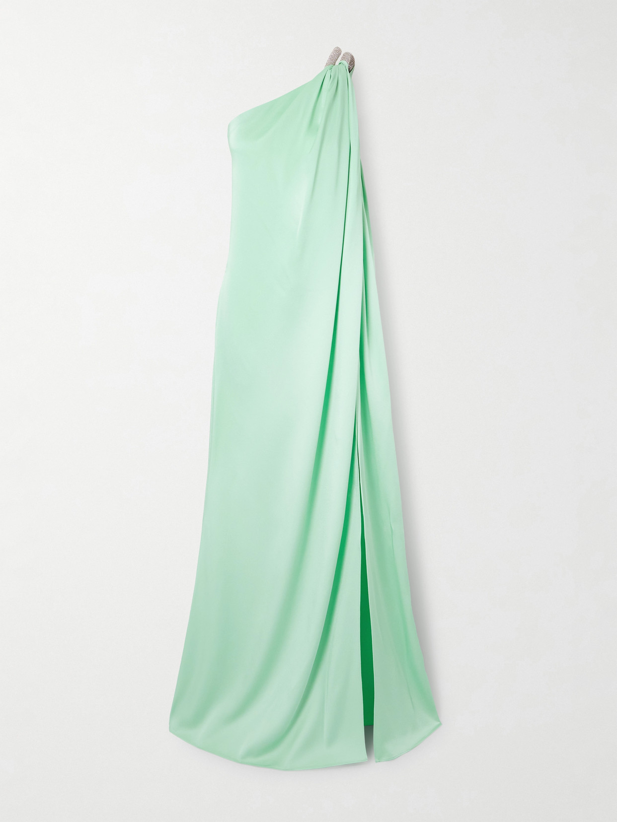Stella Mccartney Lead-free Crystal Chain Link Asymmetric Draped Maxi Dress In Green