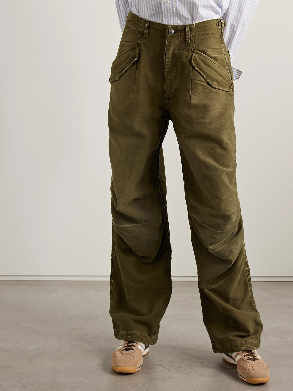 R13 Gathered Cotton-twill Straight-leg Pants In Green
