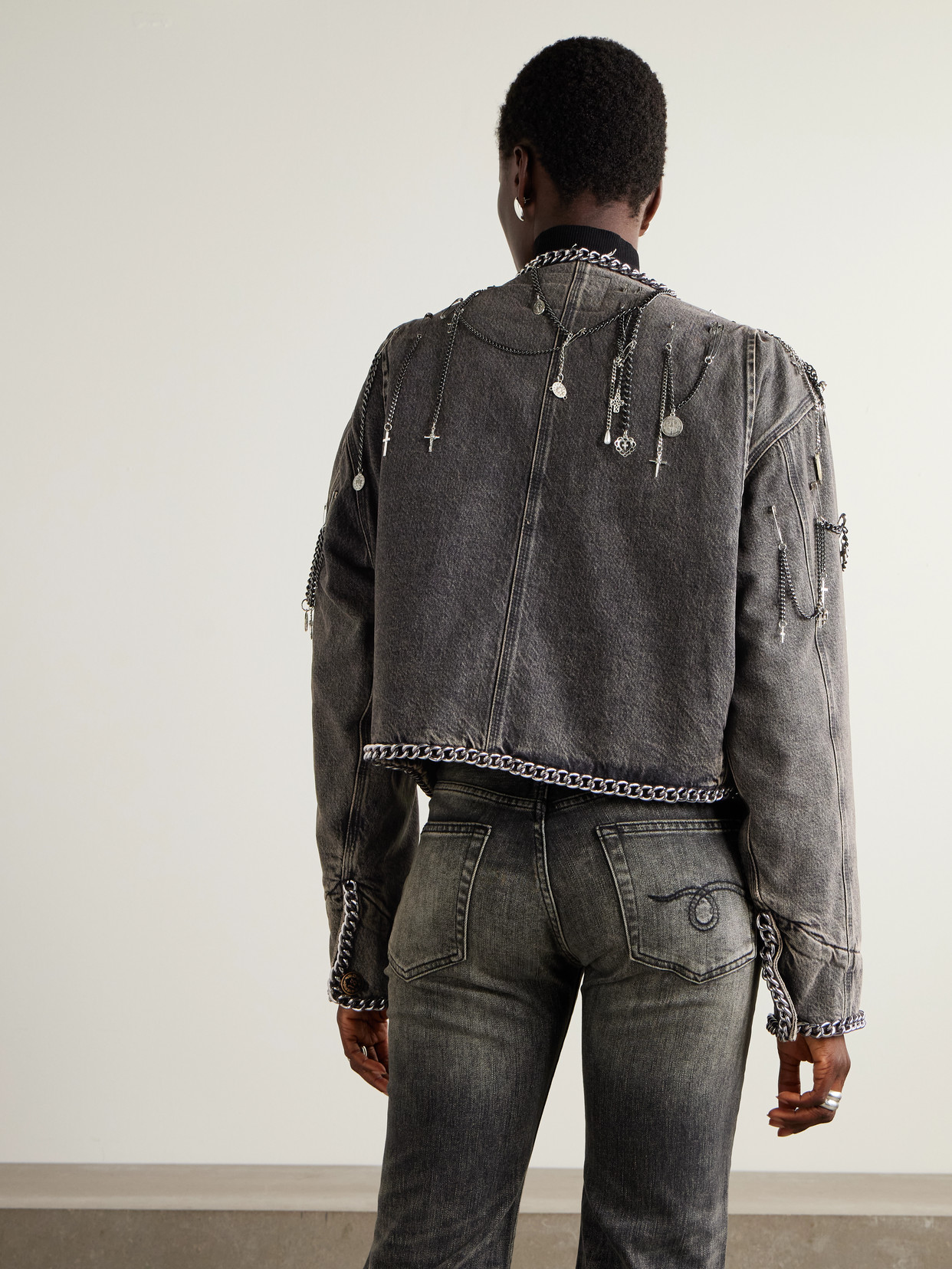 R13 Cropped Embellished Denim Jacket In Gray