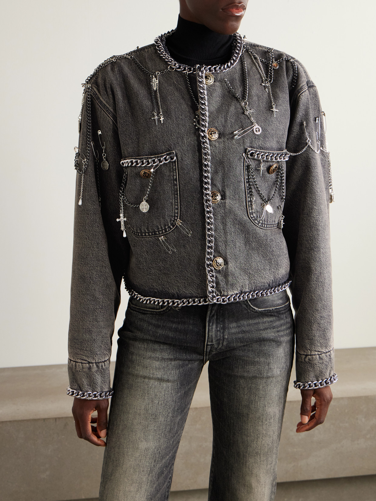 R13 Cropped Embellished Denim Jacket In Gray