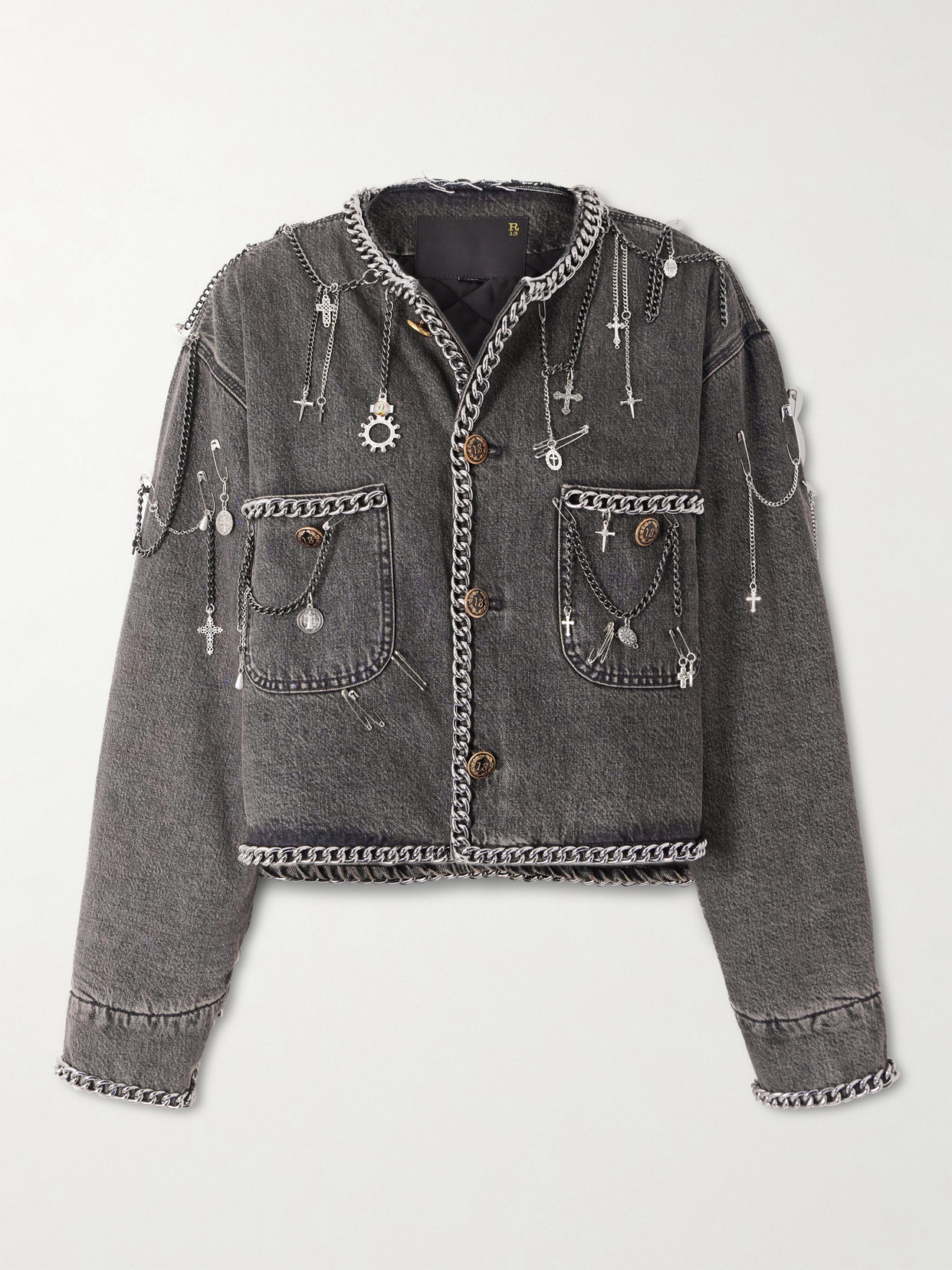 R13 Cropped Embellished Denim Jacket In Gray