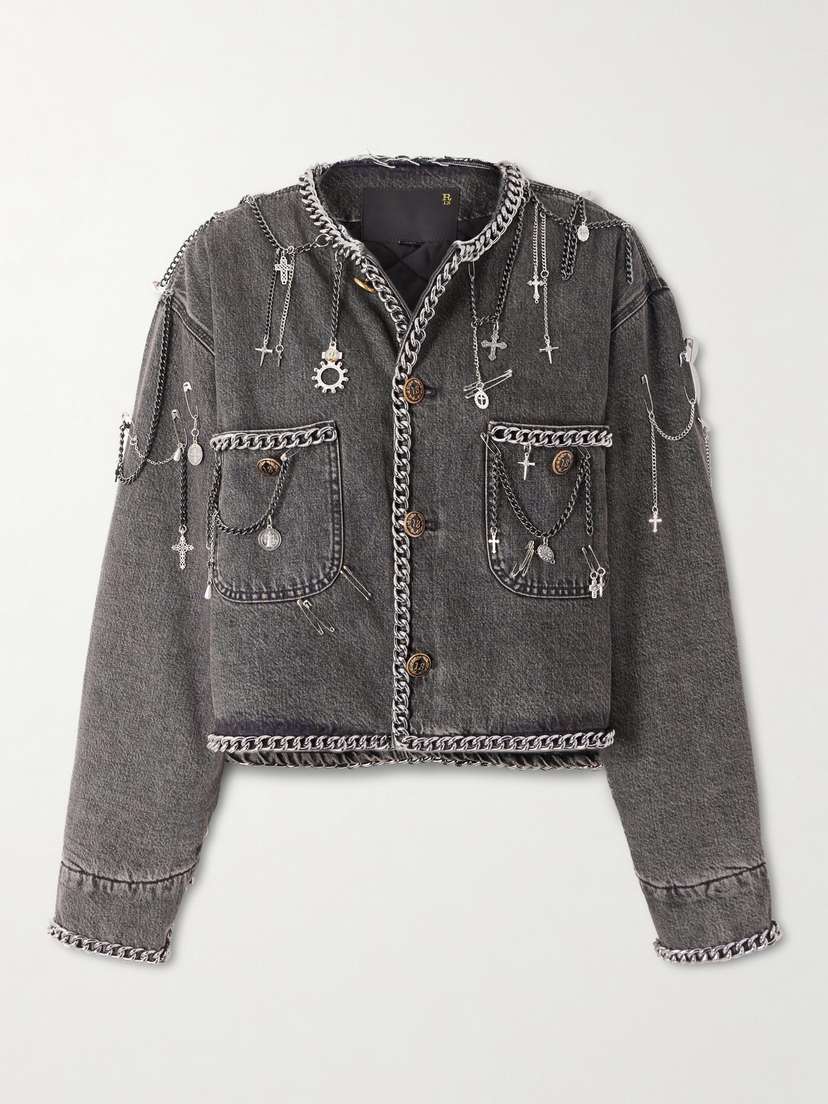 R13 Cropped Embellished Denim Jacket
