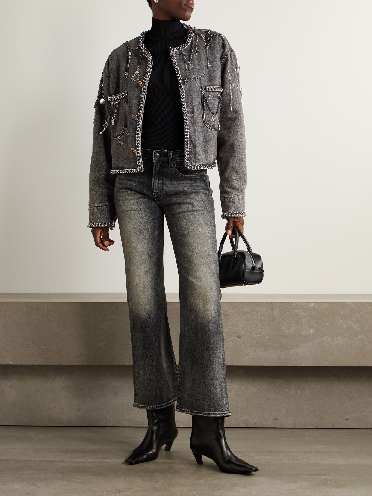 R13 Cropped Embellished Denim Jacket In Gray