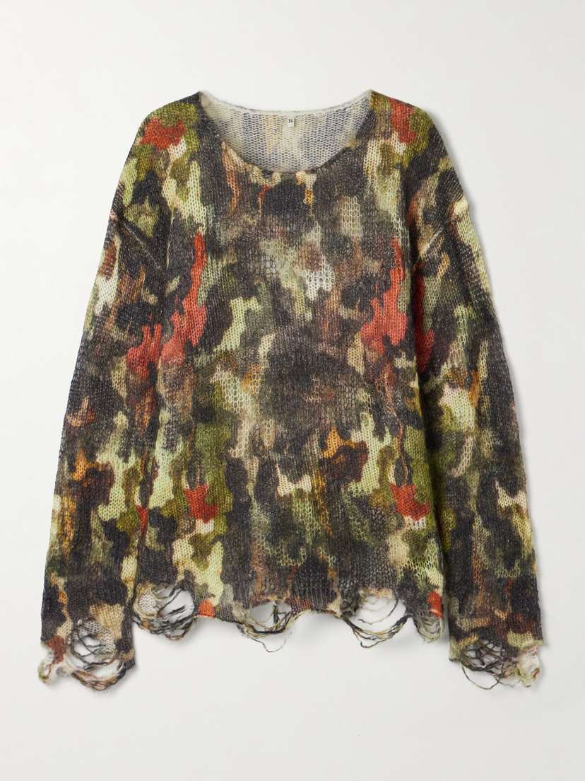 R13 Boyfriend Distressed Camouflage-print Open-knit Sweater