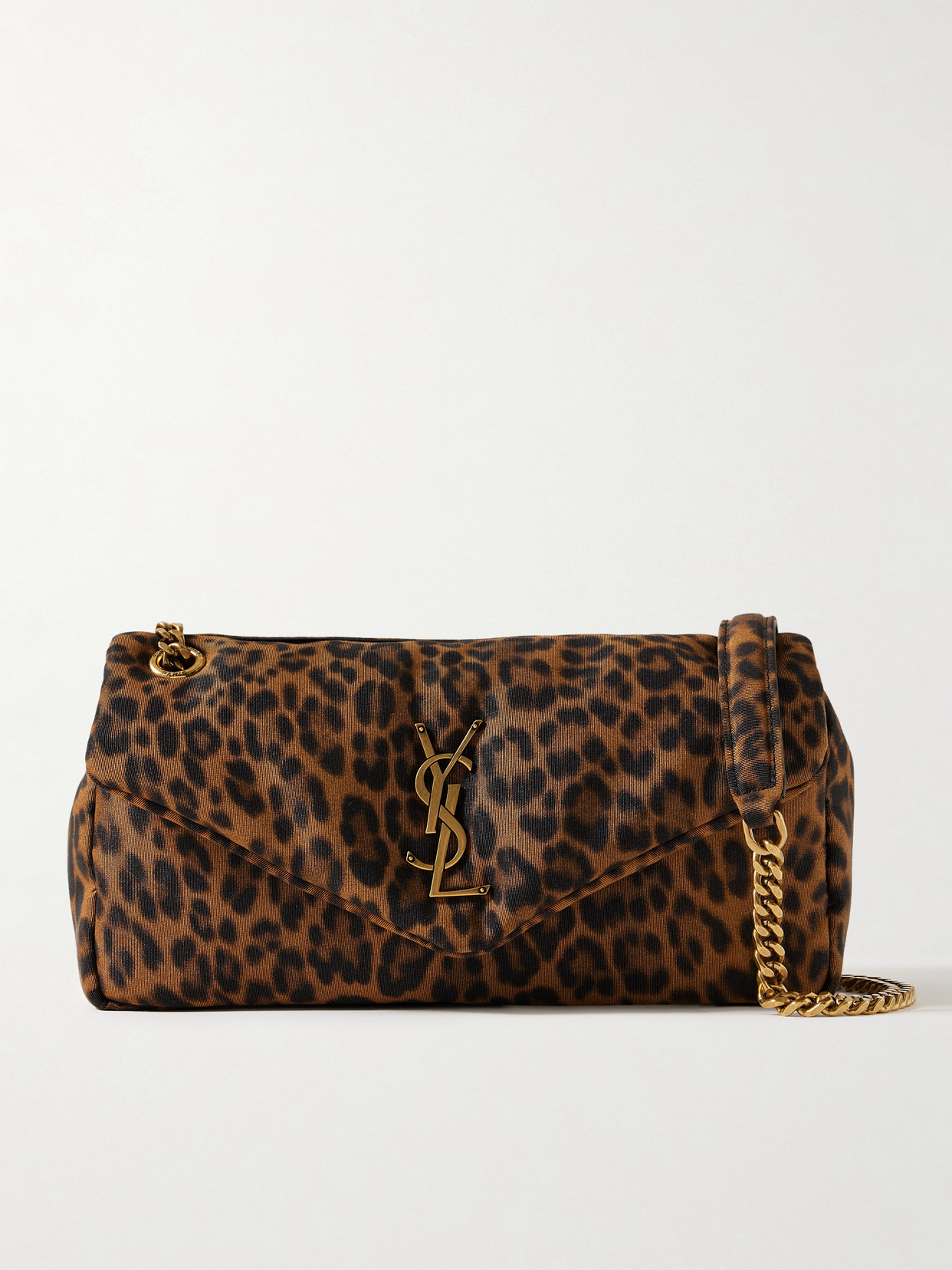 SAINT LAURENT CALYPSO SMALL PADDED LEOPARD-PRINT FAILLE SHOULDER BAG
