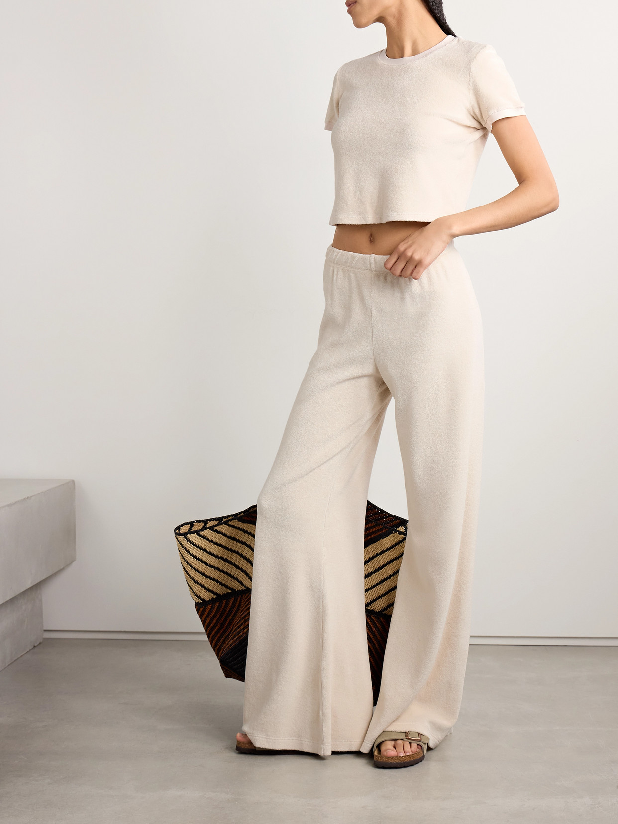 Suzie Kondi Zephyra Cotton-blend Terry Flared Track Pants In Cream