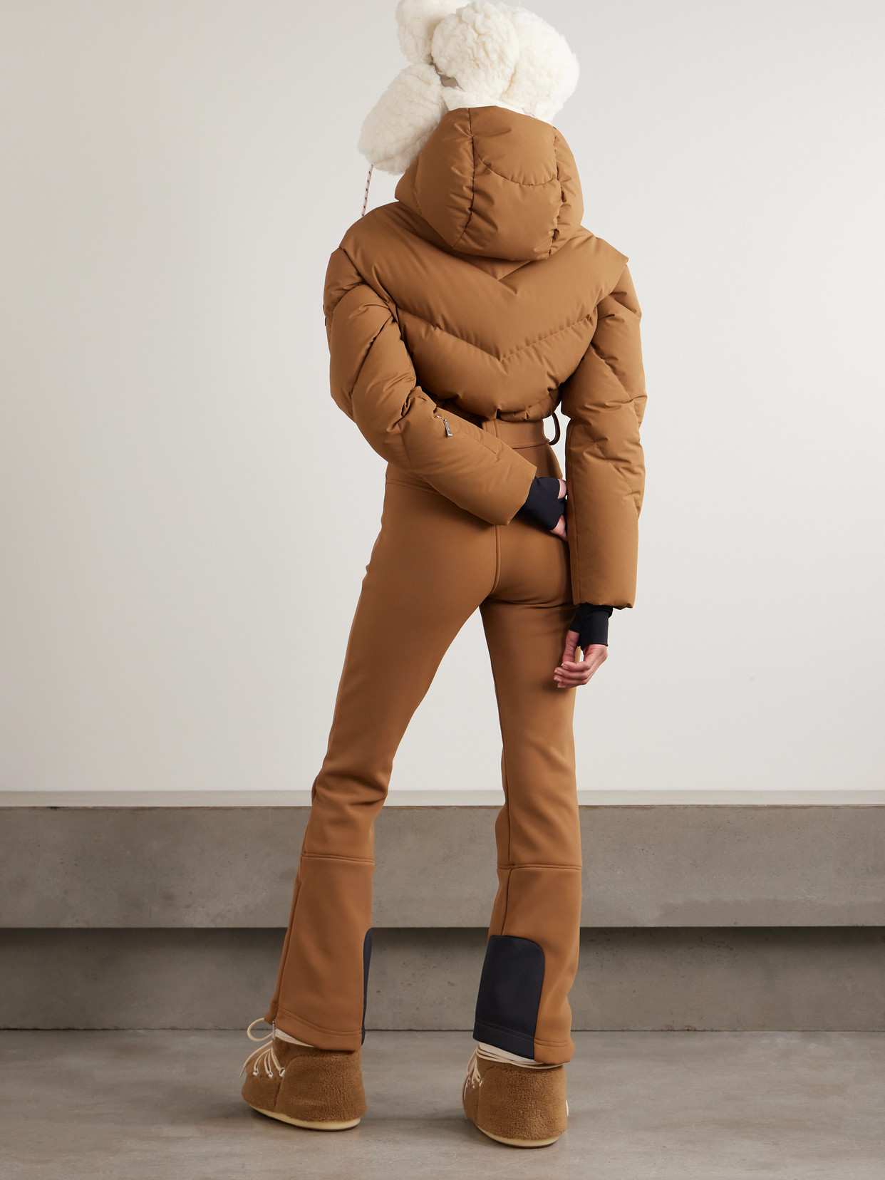 Cordova Ajax Hooded Belted Recycled Quilted Down Ski Suit In Brown