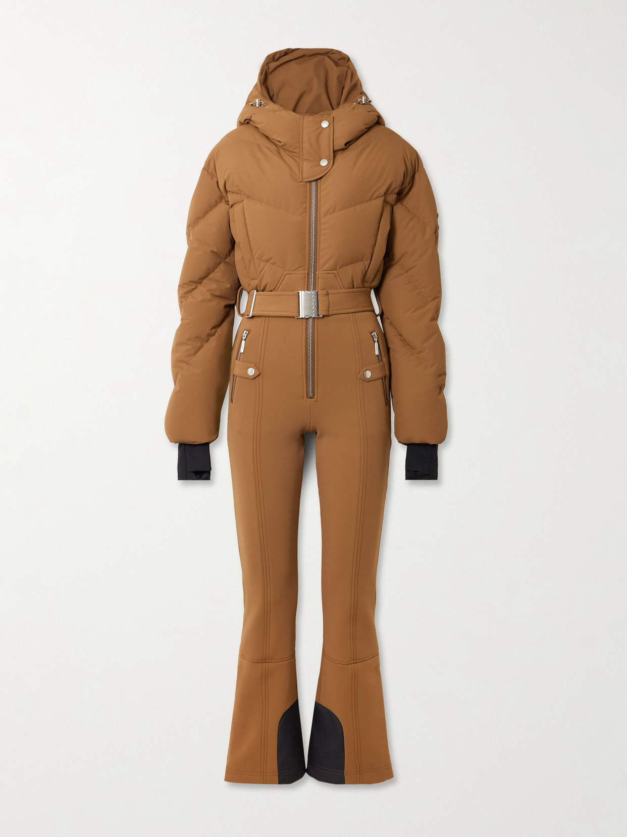 Cordova Ajax Hooded Belted Recycled Quilted Down Ski Suit In Brown