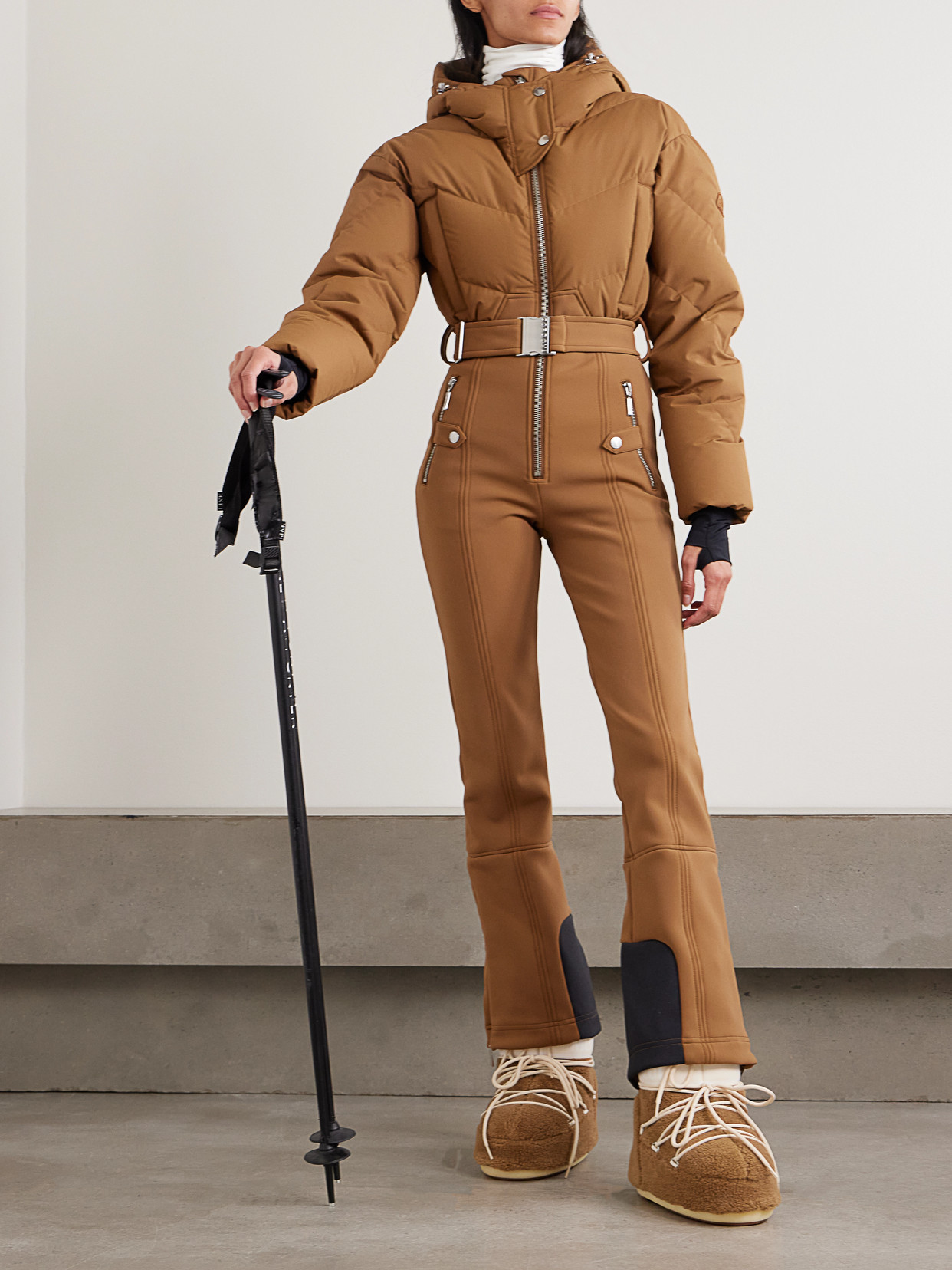 Cordova Ajax Hooded Belted Recycled Quilted Down Ski Suit In Brown