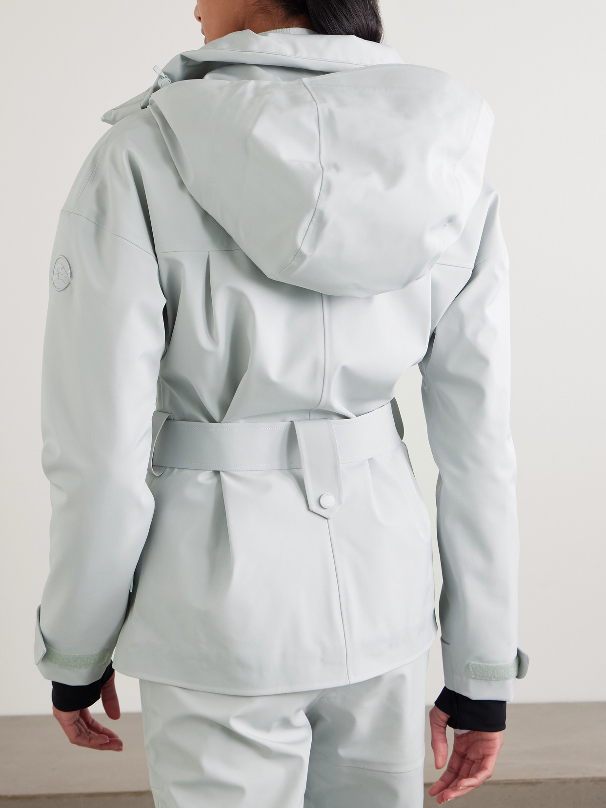 Cordova Cascade Appliquéd Belted Stretch Hooded Ski Jacket In Gray