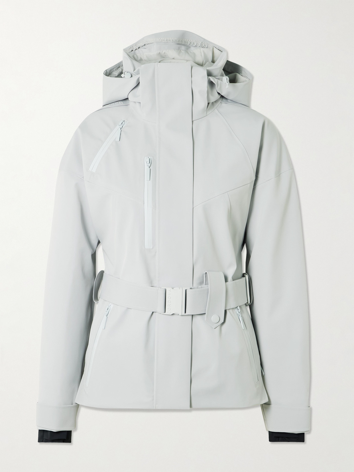 Cordova Cascade Appliquéd Belted Stretch Hooded Ski Jacket In Gray