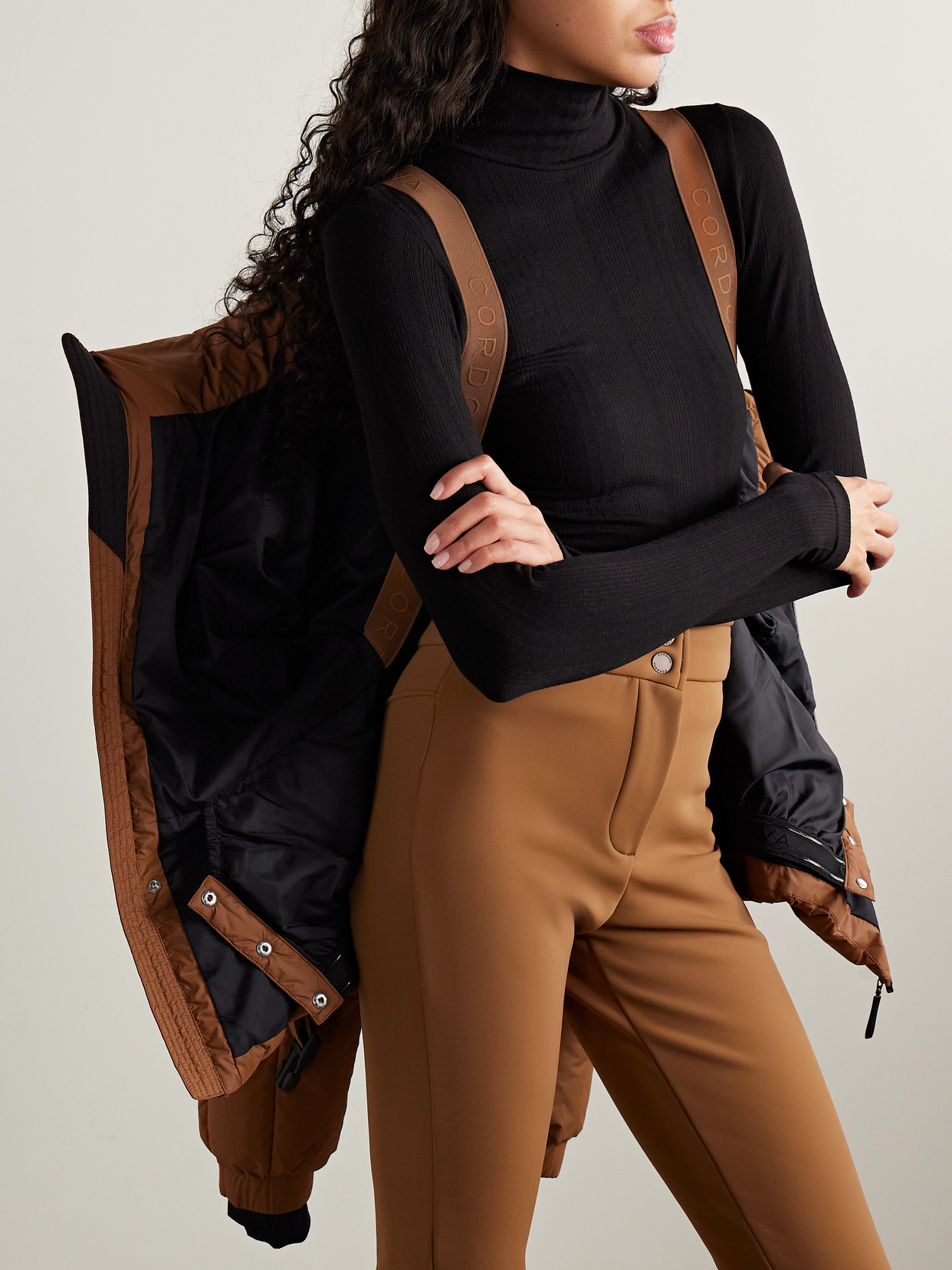 Cordova The Monterosa Hooded Belted Quilted Recycled Down Ski Jacket In Brown