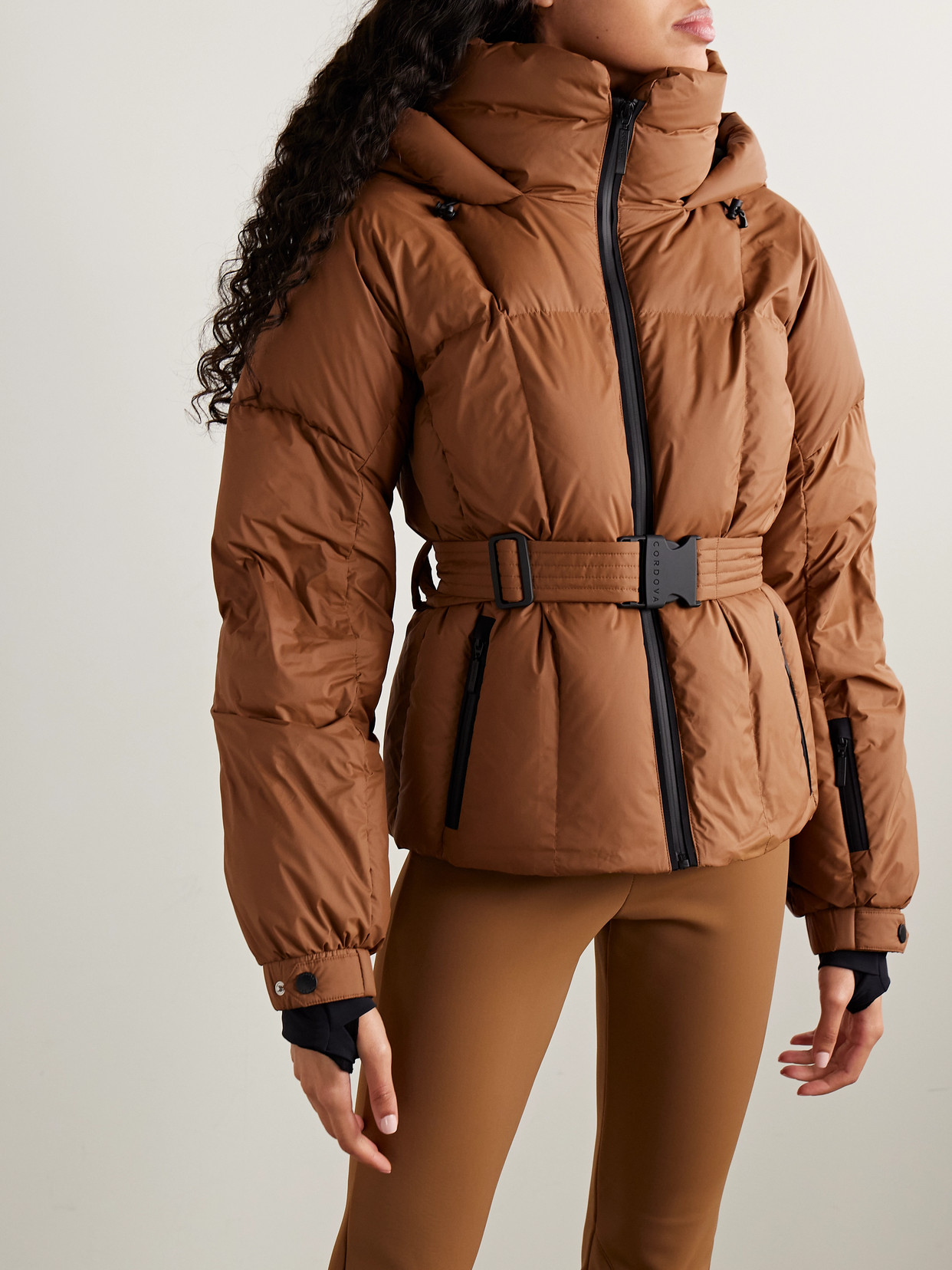 Cordova The Monterosa Hooded Belted Quilted Recycled Down Ski Jacket In Brown
