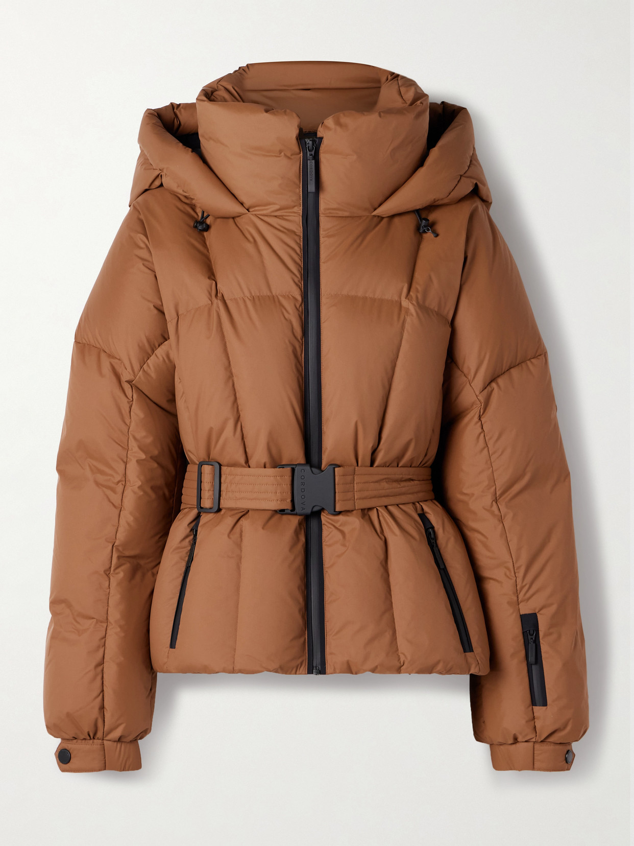 Cordova The Monterosa Hooded Belted Quilted Recycled Down Ski Jacket In Brown