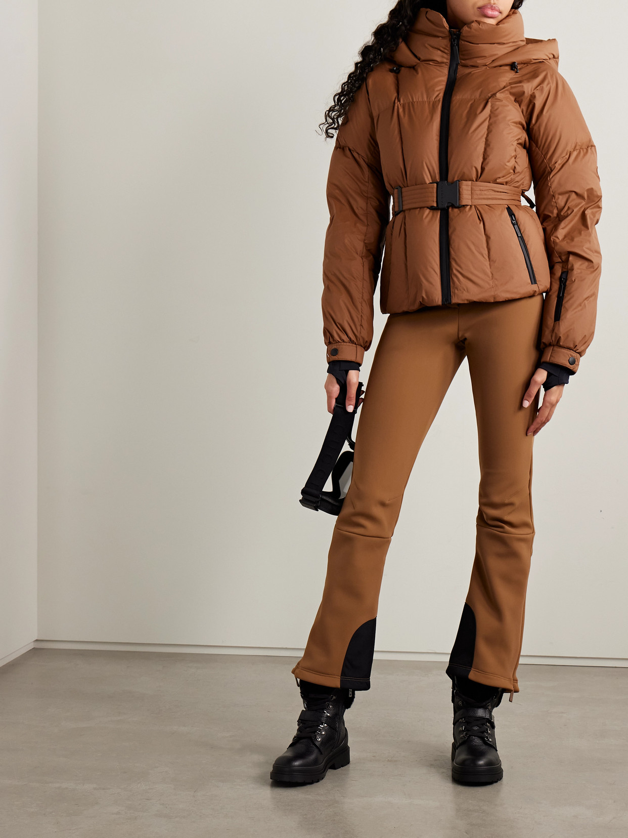 Cordova The Monterosa Hooded Belted Quilted Recycled Down Ski Jacket In Brown