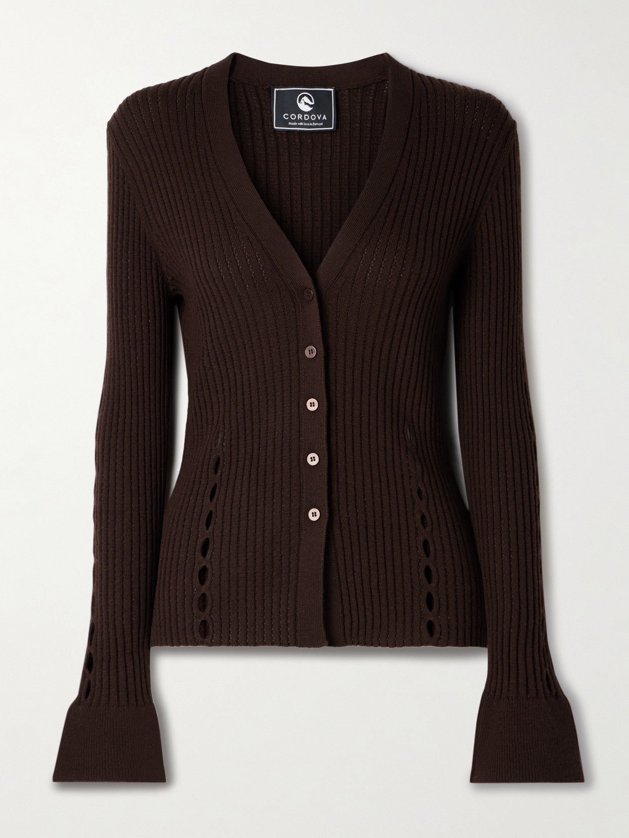 Cordova Savoie Ribbed Pointelle-knit Merino Wool Cardigan In Brown