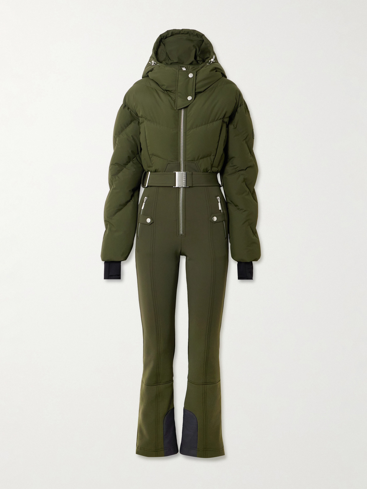 Cordova Ajax Hooded Belted Recycled Quilted Down Ski Suit In Green