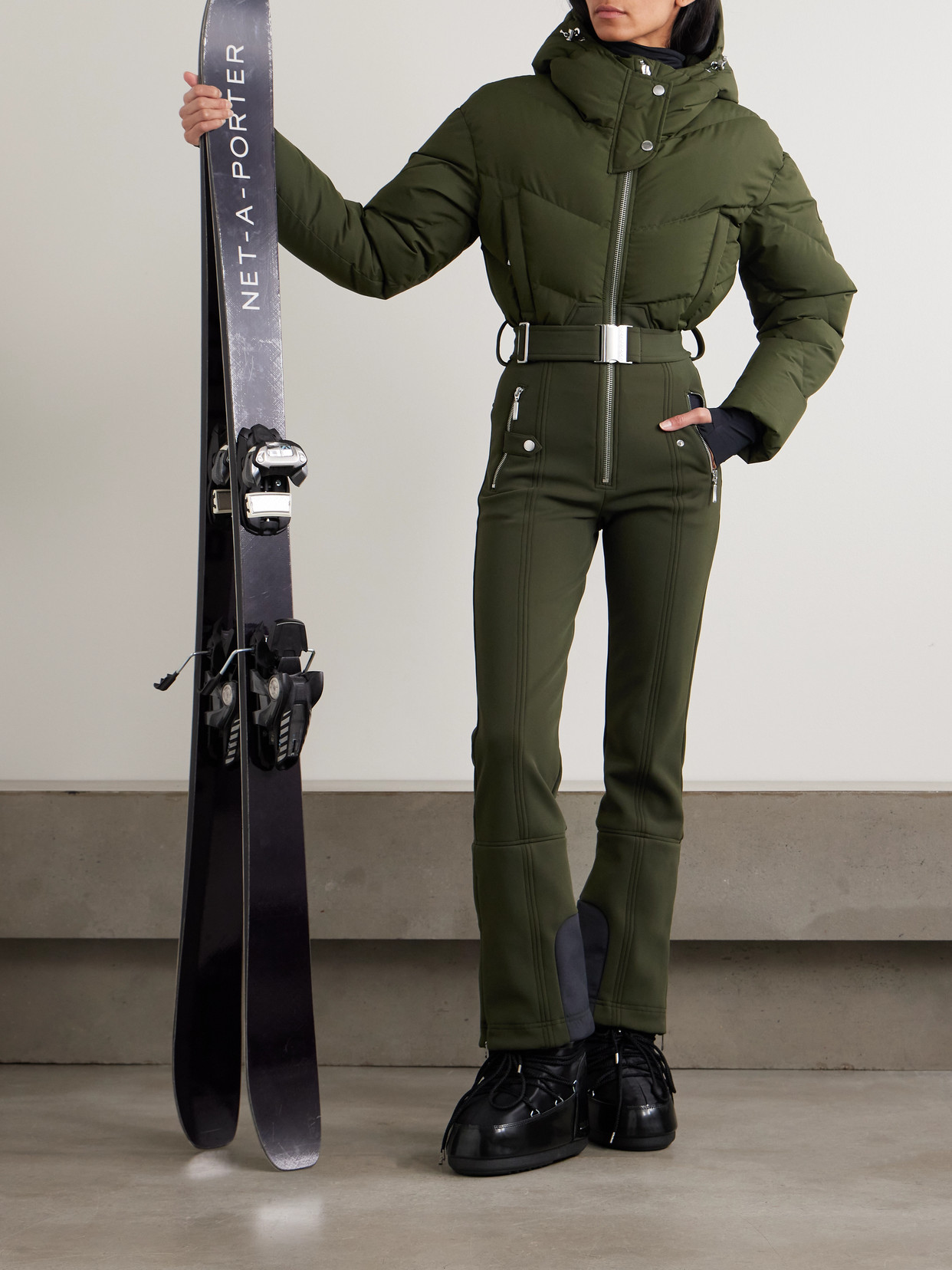 Cordova Ajax Hooded Belted Recycled Quilted Down Ski Suit In Green