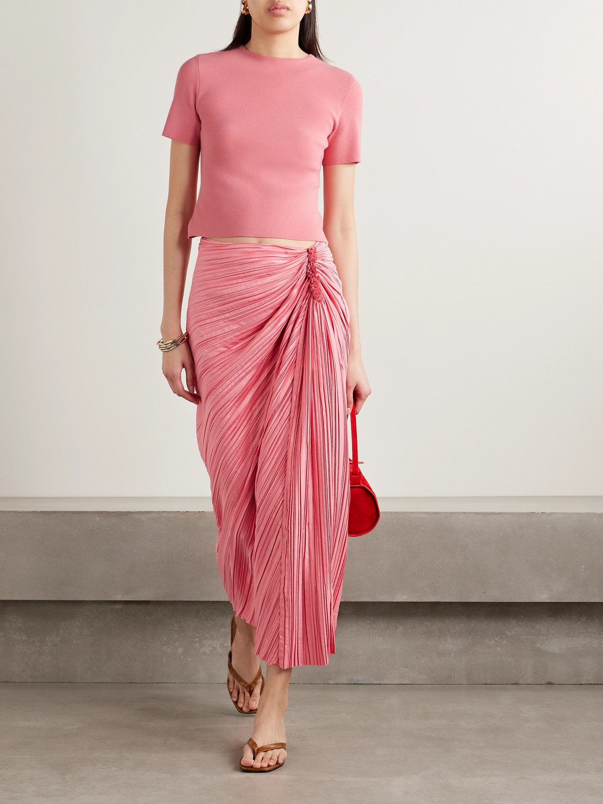 Cult Gaia Sonoma Draped Plissé-satin Midi Skirt In Pink