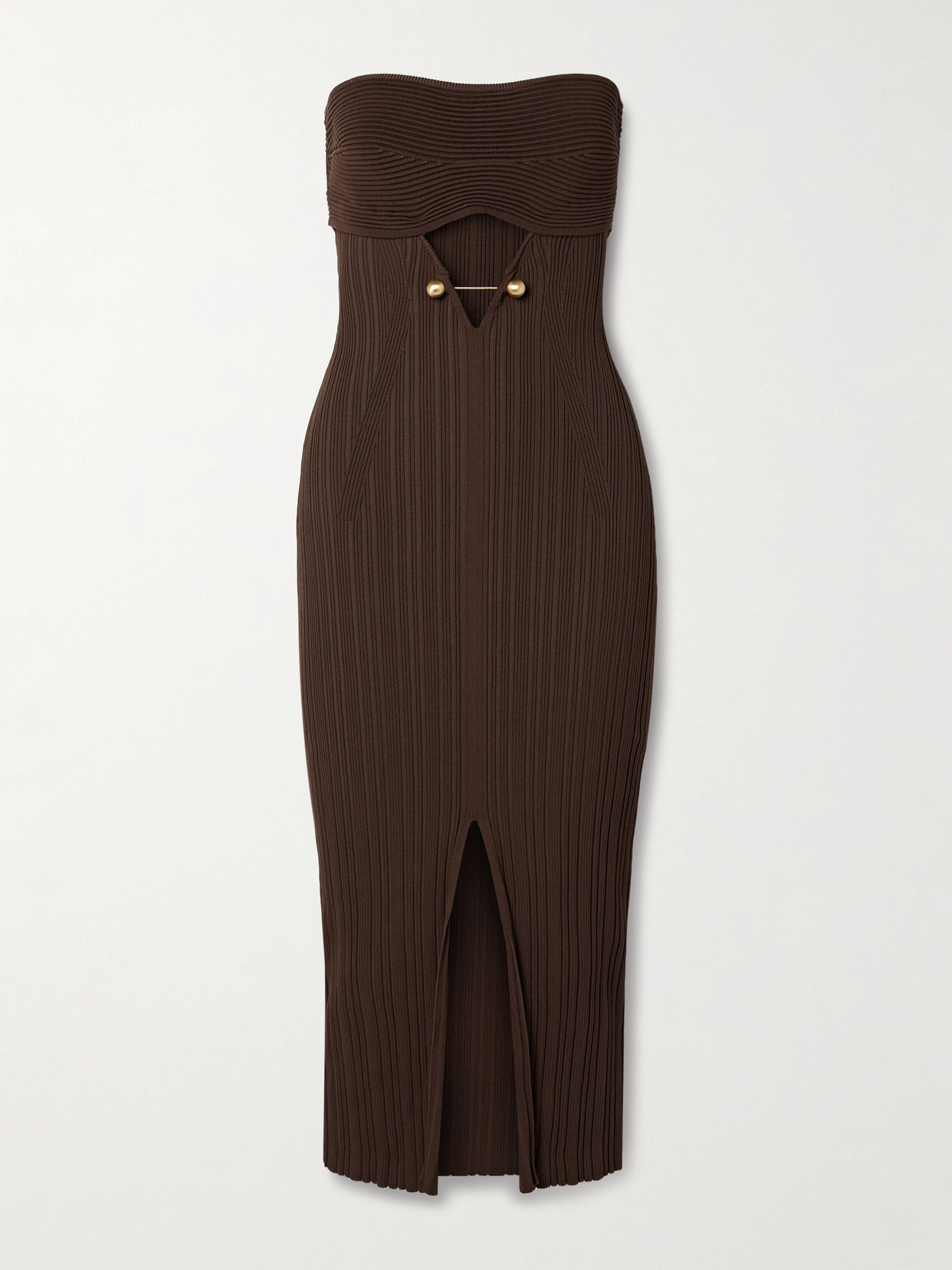 Cult Gaia Christy Strapless Embellished Cutout Ribbed-knit Midi Dress In Brown