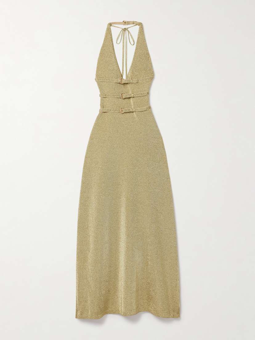 Cult Gaia Evaleigh Buckled Metallic Knitted Halterneck Midi Dress