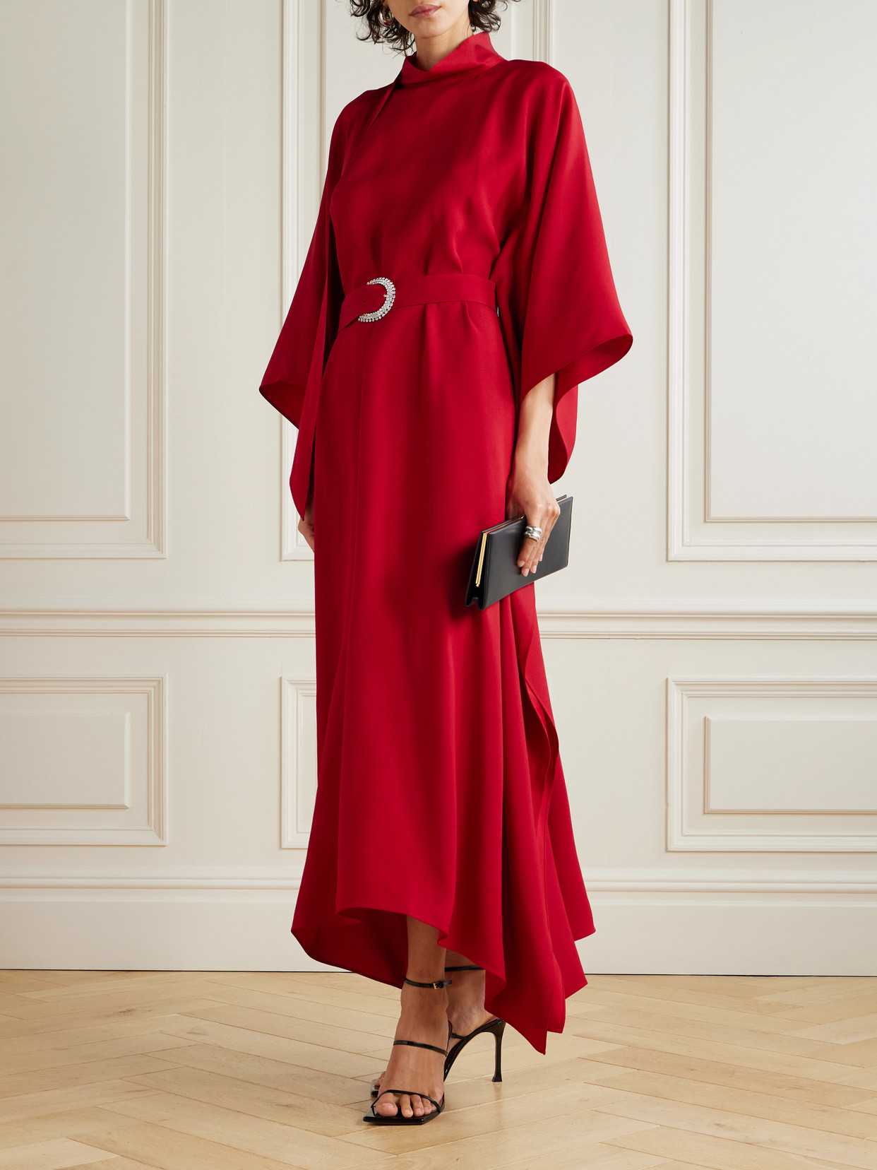 Taller Marmo La Luna Crytal-embellished Belted Cady Gown In Red