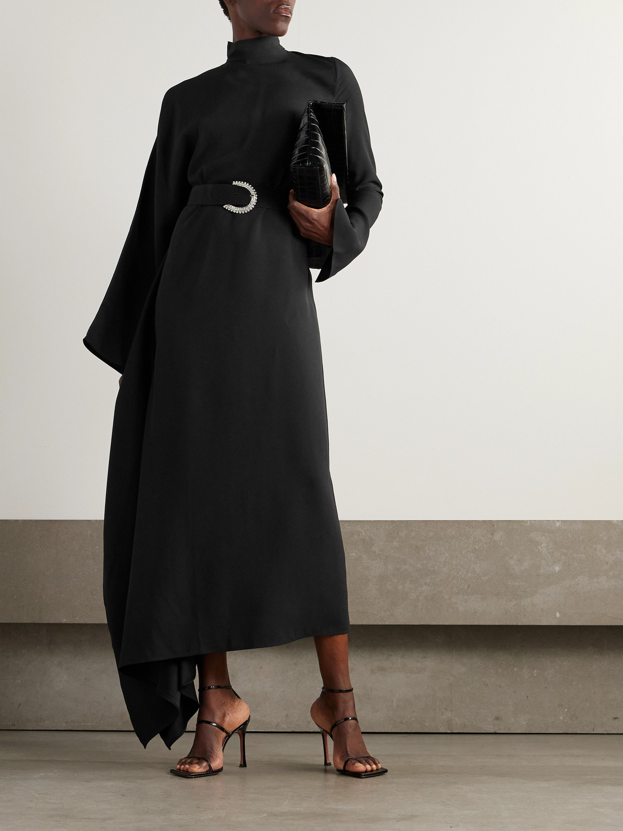 Taller Marmo Tanning Belted Crystal-embellished Cady Turtleneck Midi Dress In Black