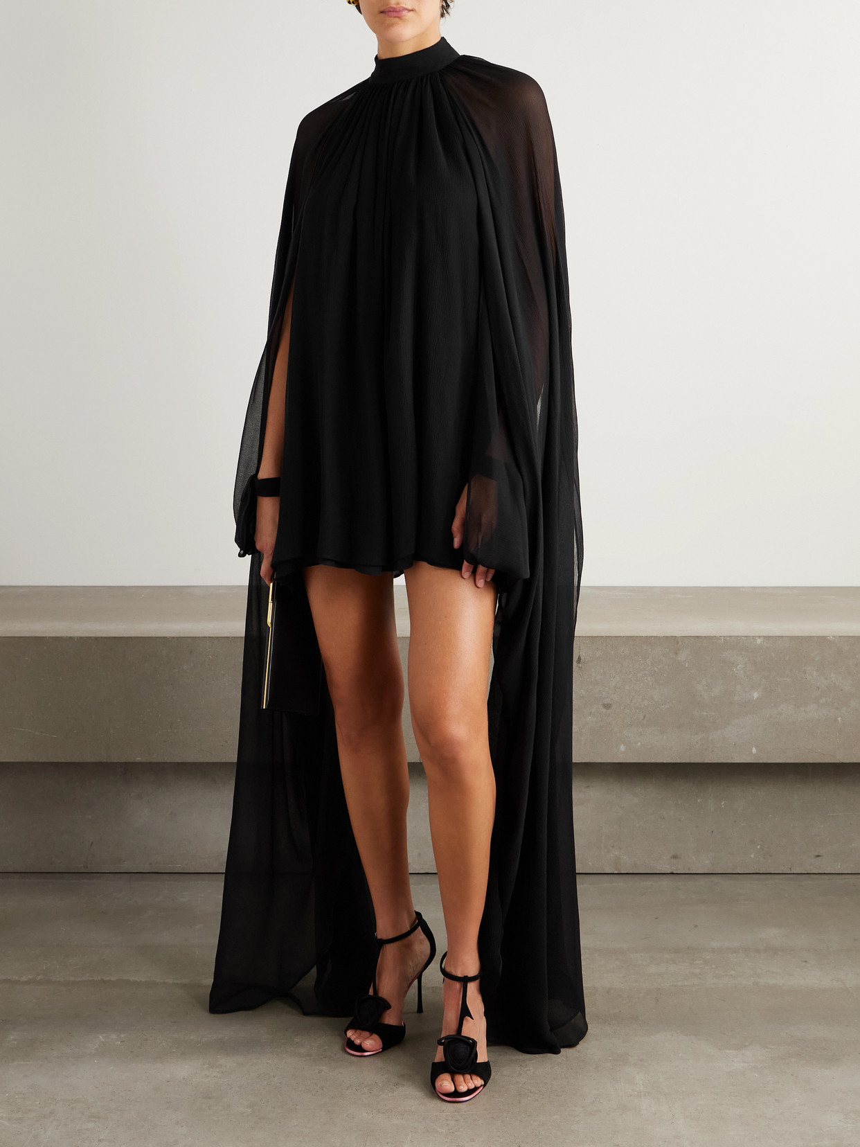 Taller Marmo Eterea Cape-effect Silk-crepon Halterneck Mini Dress In Black