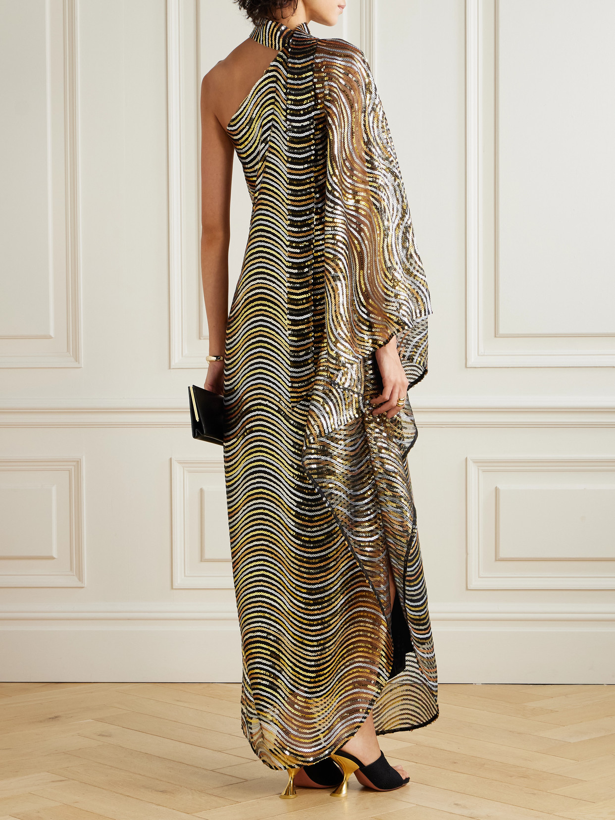 Taller Marmo The Glaum One-shoulder Scarf-detailed Sequin-embellished Mesh Gown In Gold