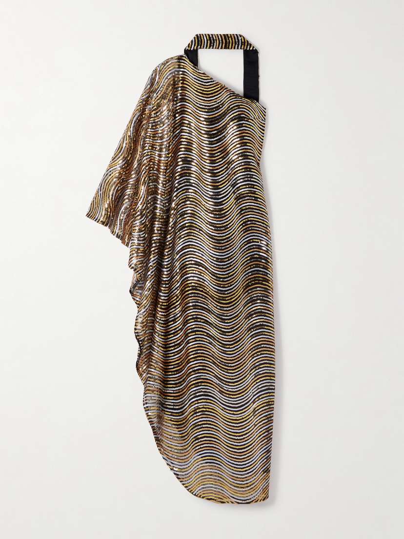 Taller Marmo The Glaum One-shoulder Scarf-detailed Sequin-embellished Mesh Gown
