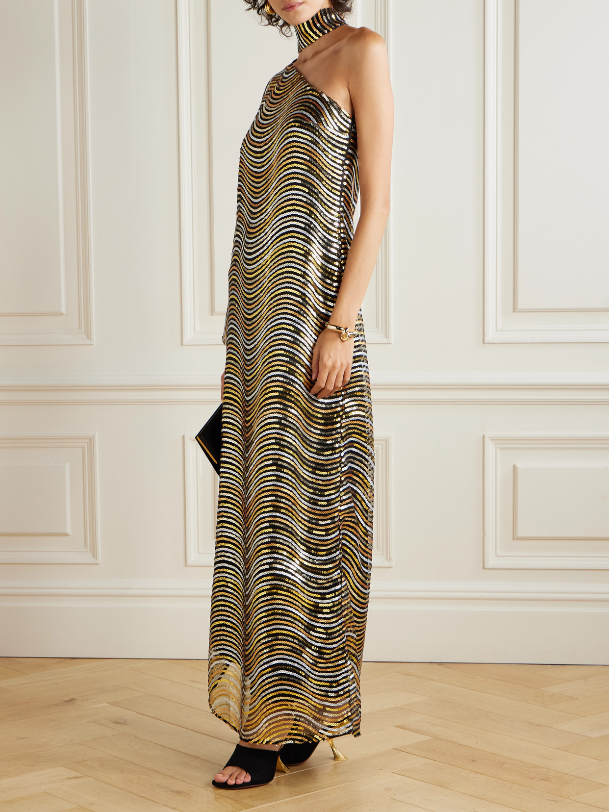 Taller Marmo The Glaum One-shoulder Scarf-detailed Sequin-embellished Mesh Gown In Gold