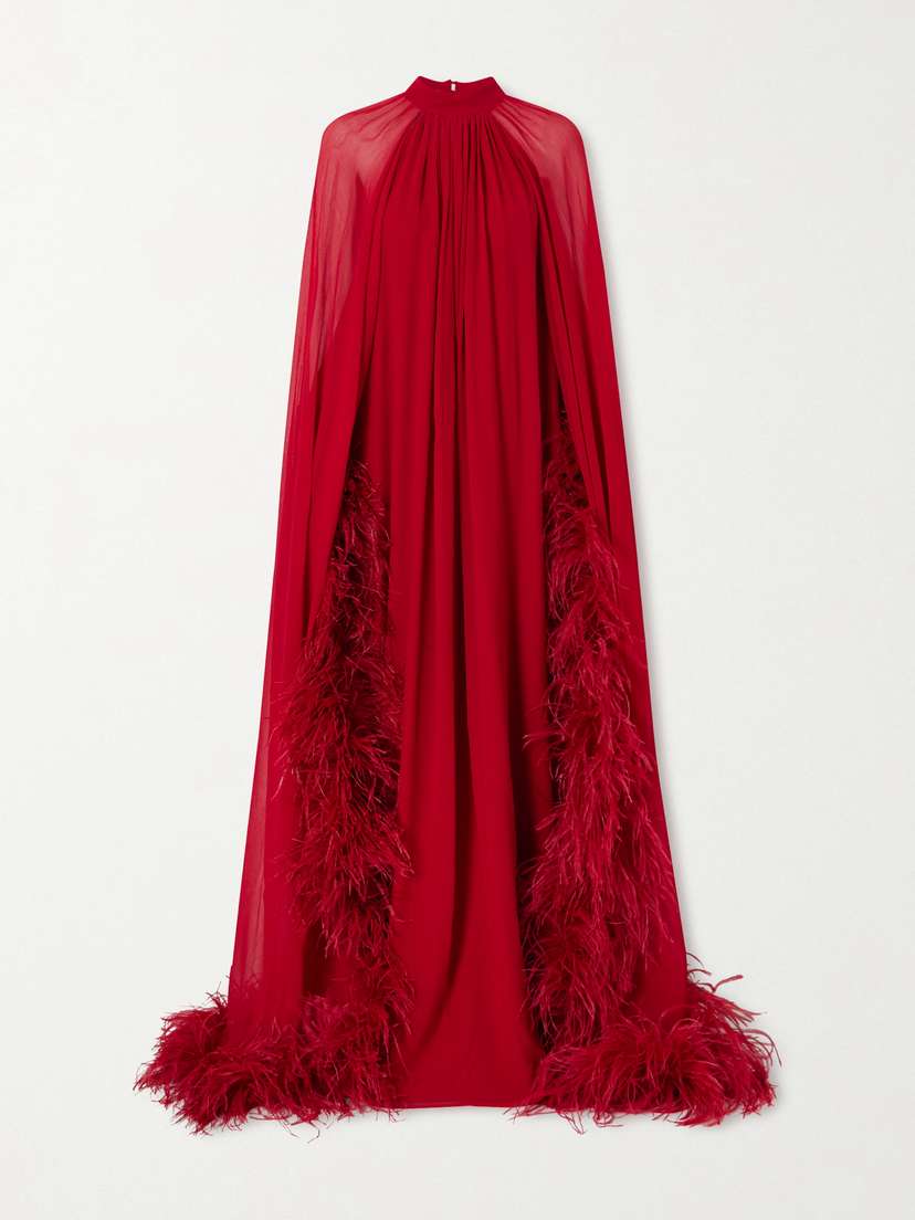 Taller Marmo Eterea Cape-effect Feather-trimmed Chiffon Gown