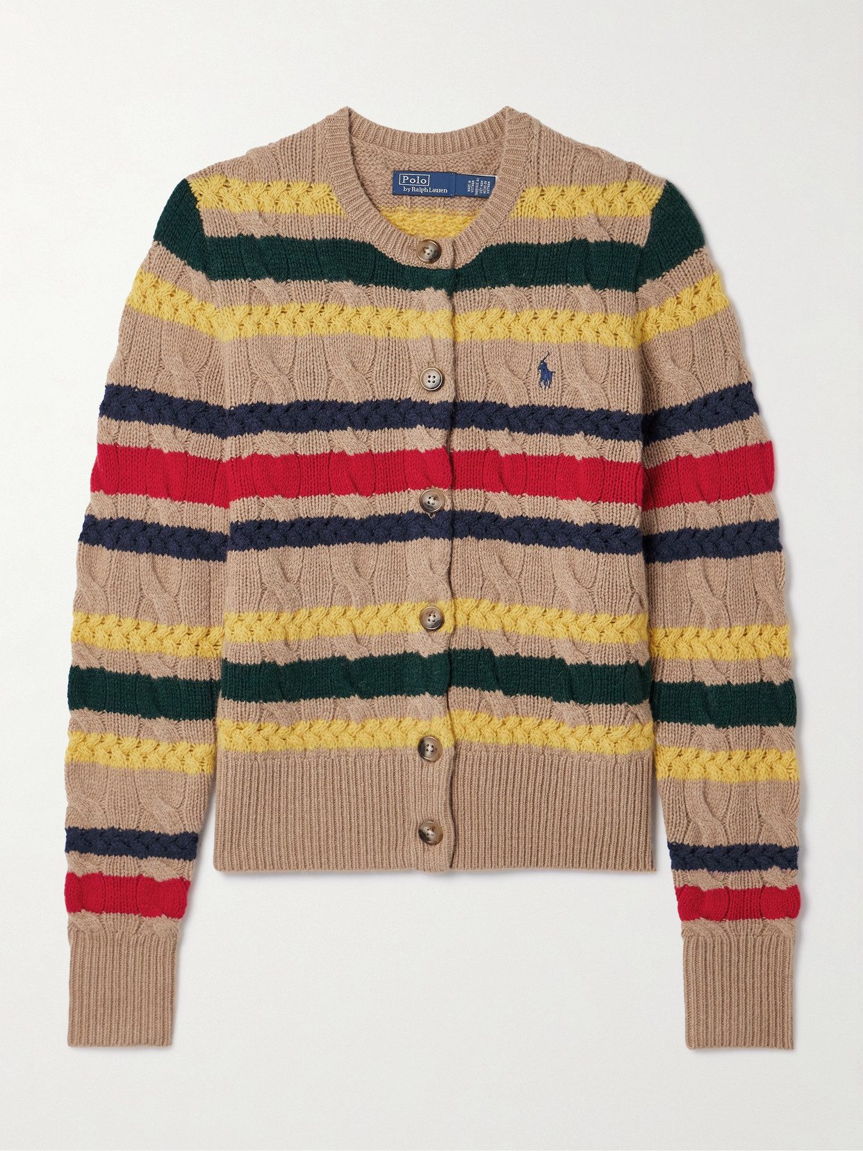 Polo Ralph Lauren Striped Cable Knit Cardigan With Ribbed Cuffs And Hem In Brown