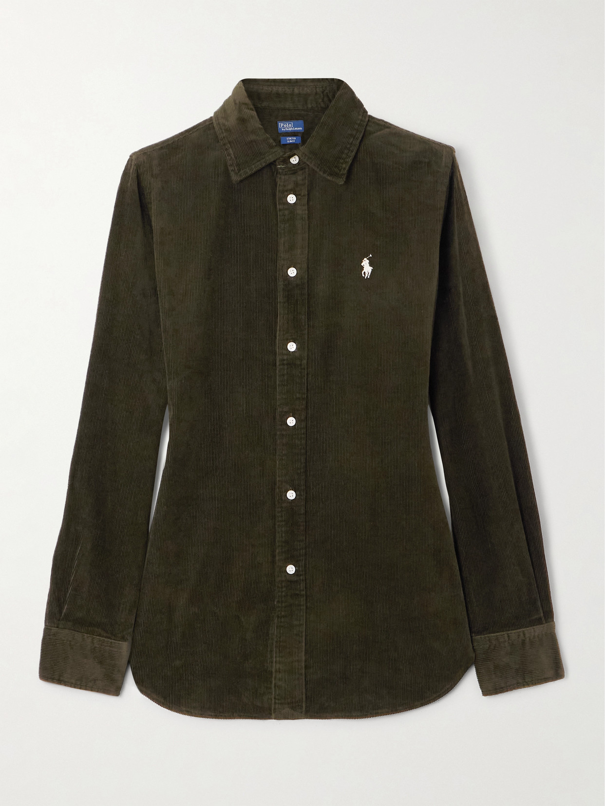 Polo Ralph Lauren Olive Long-sleeve Velvet Ribbed Shirt With Classic Collar In Green
