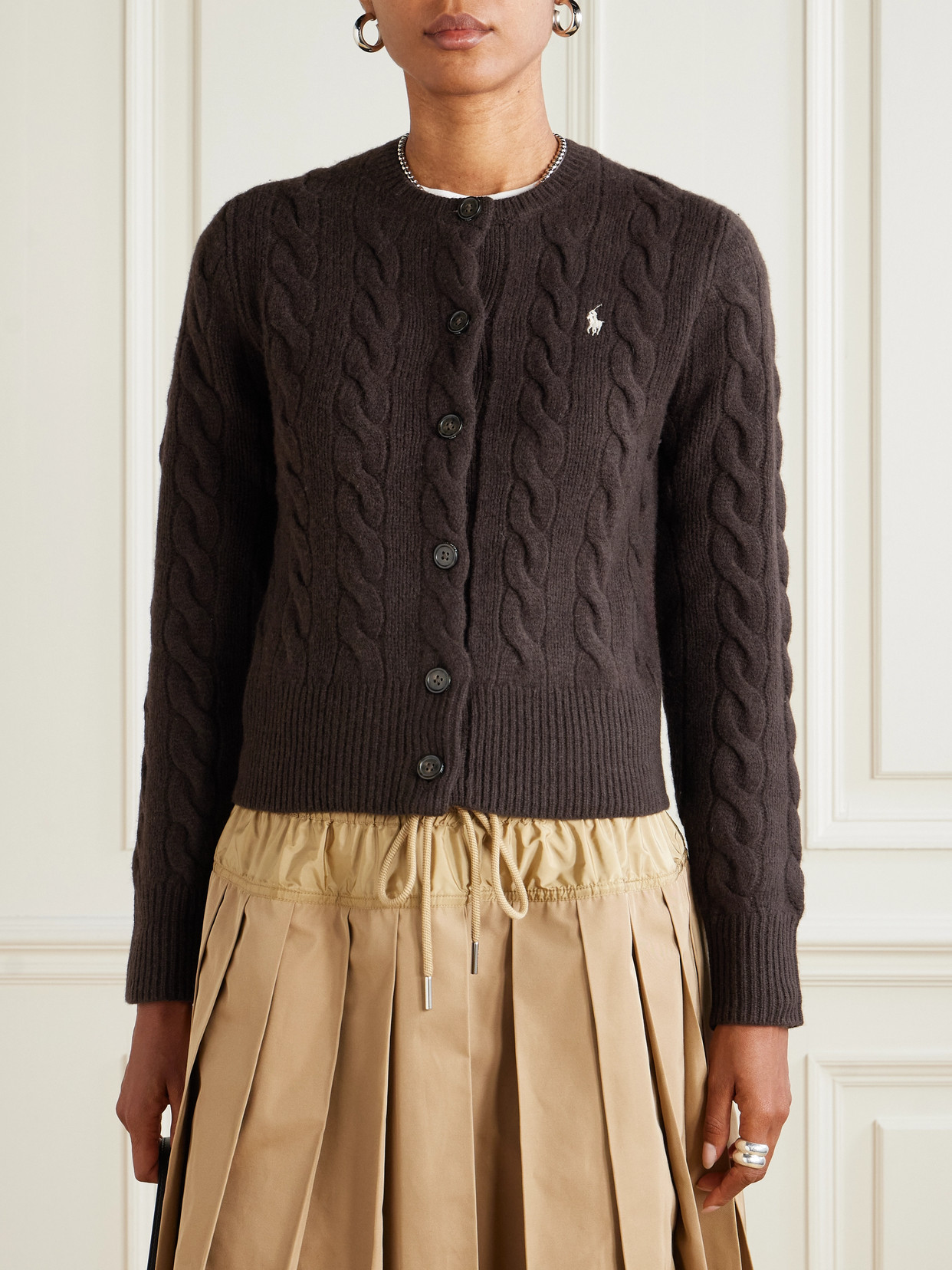 Polo Ralph Lauren Embroidered Cable-knit Wool And Cashmere-blend Cardigan In Brown